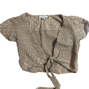 American Eagle Outfitters Tan Floral Top with Tie Front
